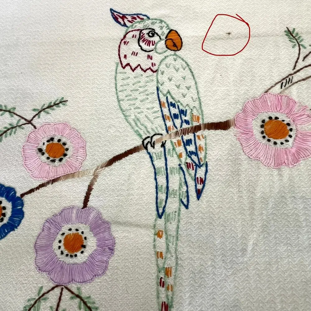 Vintage Embroidered Table Runner Vanity / Dresser Scarf Parrot Floral Lace Trim